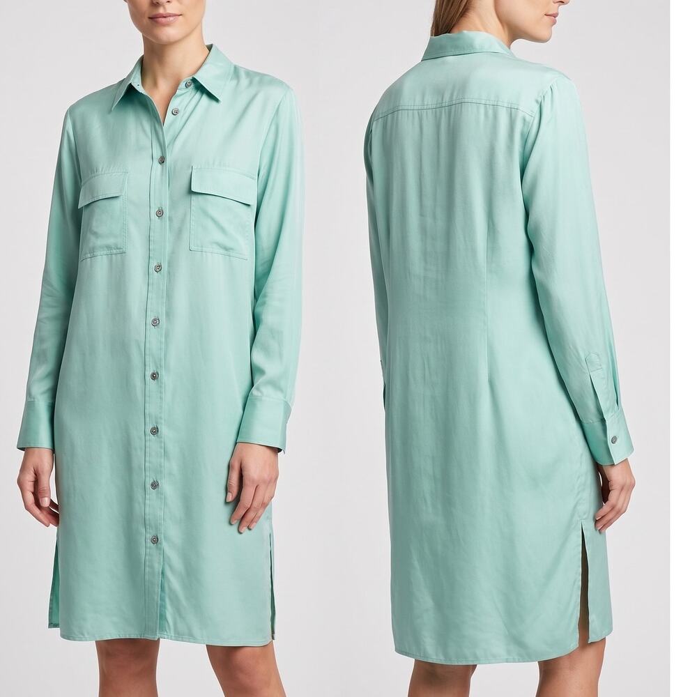 Worthington Womens Size 12 Silk Cotton Blend Green Long Button Front Dress